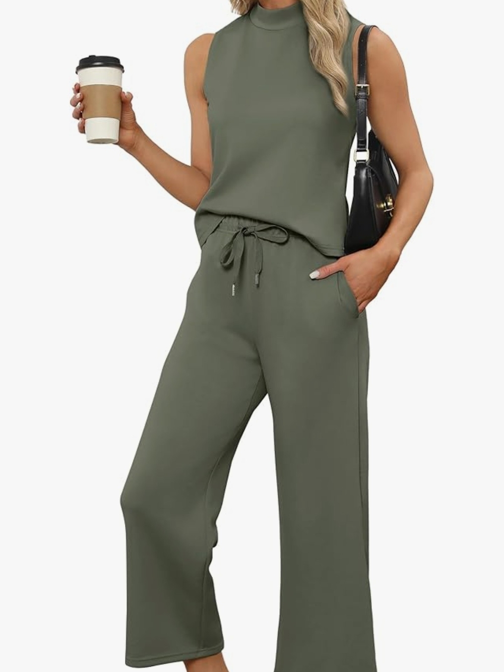 Sleeveless Drawstring Wide-Leg Top and Pants in Olive Green